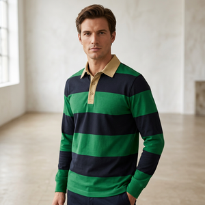 Men's Long Sleeve <b>Striped</b> Rugby <b>Polo</b> <b>Shirt</b> Woven Quick Dry Breathable Button Collar Casual Sports Wear - Product Image 4