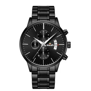 SWISH 917 Fashion Hitam Mens Quartz Watch Mewah Stainless Steel Band Waterproofing Kalender Olahraga Sederhana Watch Company