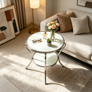 Table basse ronde moderne avec plateau en verre trempé et structure en métal, design minimaliste, étagère de rangement, meubles de salon - Product Image 5