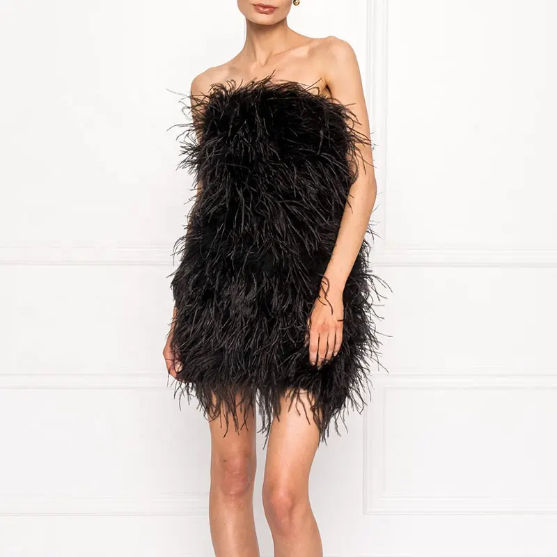 Custom Colors Strapless Long Feather Club Evening Dress Sleeveless Women Ostrich Feather Dress