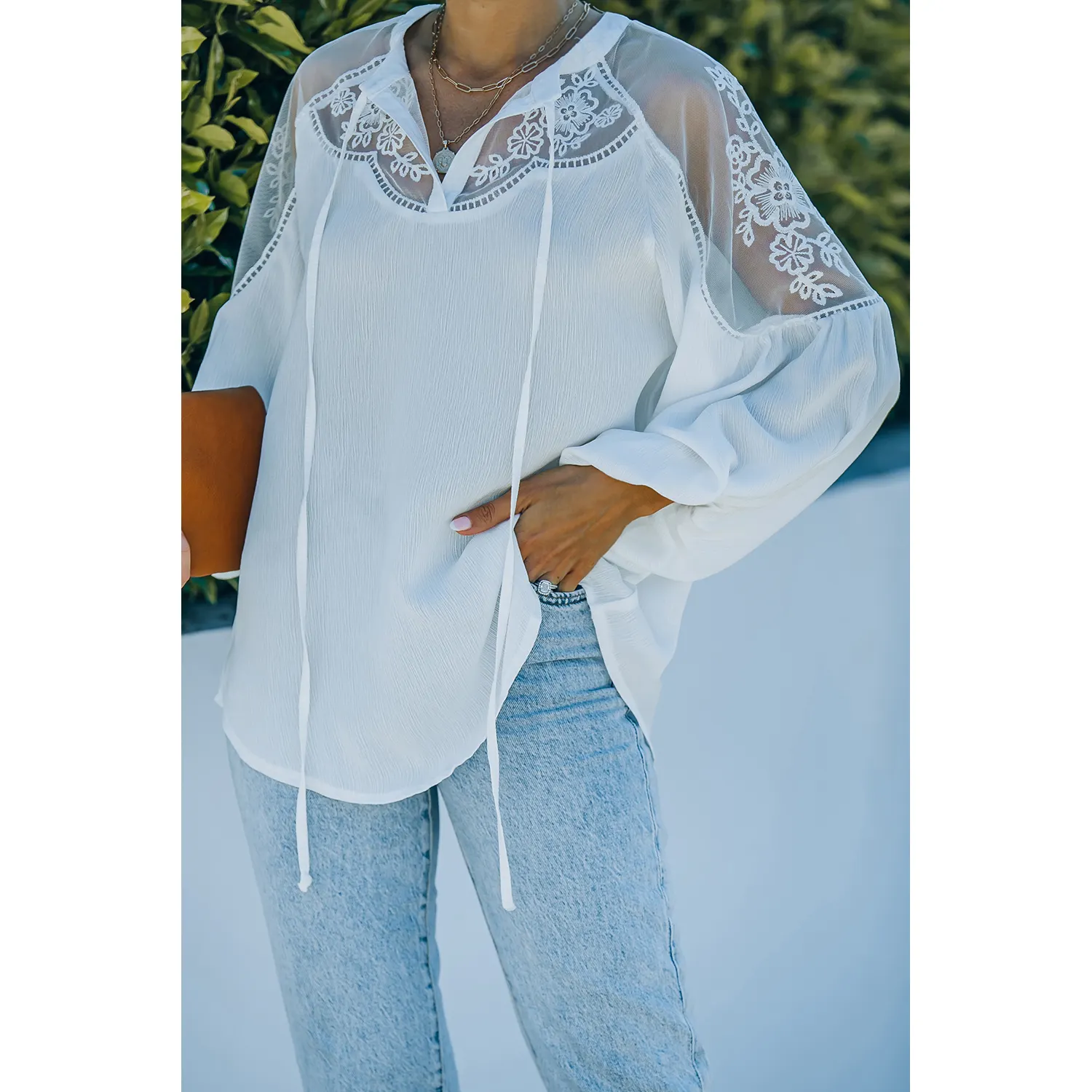 Popular On Online Gauzy Neckline White Relaxed Fit Ladies Lace Blouse