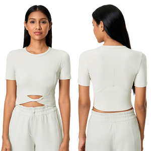 T-<span class=keywords><strong>shirt</strong></span> de sport décontracté à manches courtes pour <span class=keywords><strong>femme</strong></span>, torsadé, amincissant, de haute qualité, pour le yoga et le fitness - Product Image 1