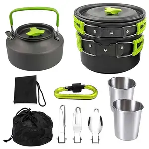 Free Sample Picnic Travel Camping Water Kettle Stainless Steel Cup Aluminum 9 in 1 Ultra Light Utensils Cooking Kit