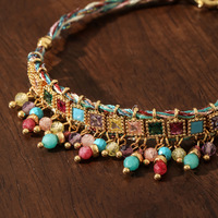Bracelet bohème tressé à pampilles en pierres semi-précieuses, réglable, plaqué or 18 carats, avec perles grenat, turquoise et amazonite