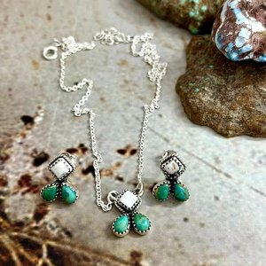 ชุดสร้อยคอและต่างหูเงินแท้สเตอร์ลิงคุณภาพสูง งานแฮนด์เมด ประดับด้วยหินไวท์บัฟฟาโลและคิงแมน - Product Image 1