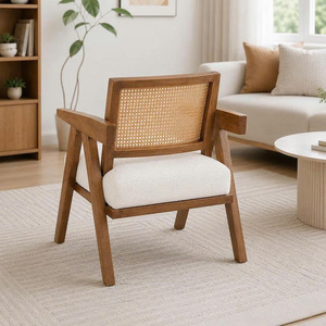 Fauteuil lounge moderne du milieu du siècle en bois avec dossier en rotin et coussin blanc pour salon, en velours, rotin et bois - Product Image 5