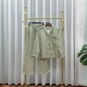 Conjunto de Pijama Largo de Algodón 100% para Mujer, Ropa de Dormir Suave con Cordón, Cuello en V, Rayas, Transpirable, 300gsm, Top y Pantalones Cortos, No Transparente, para Estar en Casa - Product Image 2