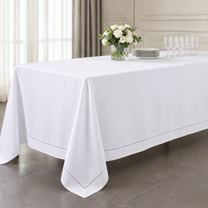 Wholesale 90x156 Inch White Polyester Hemstitch Rectangle <b>Tablecloth</b> for 8ft Banquet Event Rental - Product Image 1