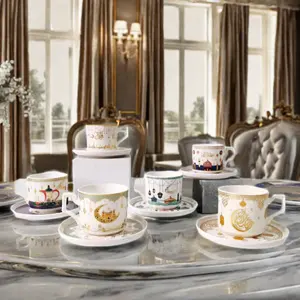 QIANHU Brand Luxury Ramadan Gift Set 110ml Porcelain Enamel Turkish Arabic Espresso Coffee Tea Cup Saucer 12PCS Gold Rim Ceramic