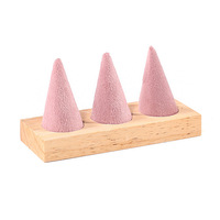Présentoir à bagues en velours avec base en bois d'hévéa, piques coniques détachables, options 1, 2, 3, 5 fentes, rose, vert, beige, vente en gros, OEM, ODM