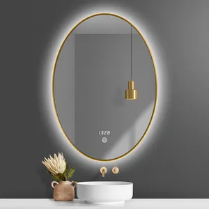 Modern Design Hotel Bathroom Wall Mounted Oval Smart Backlit Mirror Gold Frame Vanity Mirror With Led Lights