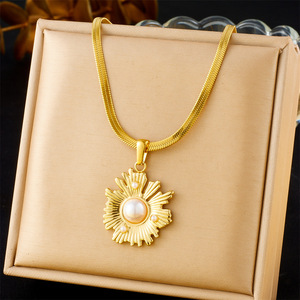 Freshwater Pearl Sunflower Gold Plated Blade Chain Stainless Steel Pendant Irregular Personalized Necklace Gift - Product Image 1