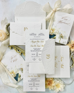 การ์ดเชิญงานแต่งงานสุดหรูแบบสั่งทำพิเศษ พร้อมลายนูนดอกไม้  งานพิมพ์เลตเตอร์เพรส  ชุดการ์ดเชิญเจ้าสาว - Product Image 6