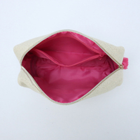 Trousse de Maquillage en Lin Rose Vif Brodé, Pochette Cosmétique Portable de Voyage avec Pompon de Fermeture – Vente en Gros