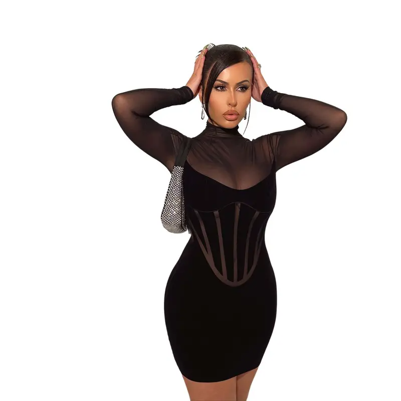 2023 New Arrivals Black Women One Piece Bodycon Dresses Club Party Wear Sexy Long Sleeve Mesh Mini Bodycon Dress