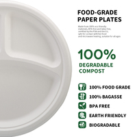 Assiette ronde jetable en bagasse et canne à sucre à 3 compartiments de 9 et 10 pouces pour le camping et l'usage individuel, lot de 125