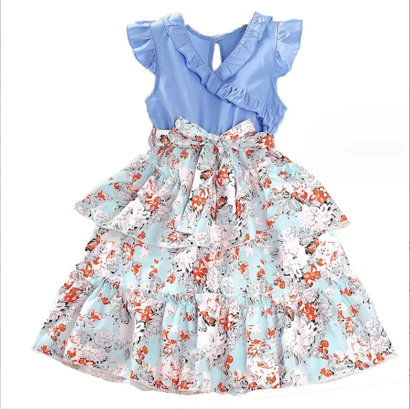 Vestiti estivi di nuovo arrivo per i bambini vestito da principessa floreale dolce Casual con colletto di pizzo abiti da ragazze 2-12 bambini