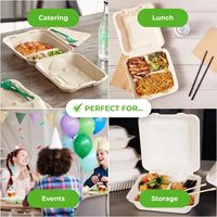 Contenants à emporter en bagasse, type clamshell, 9x9 |   3 sections |   Résistant aux fuites, haute résistance |   Compostable et respectueux de l'environnement