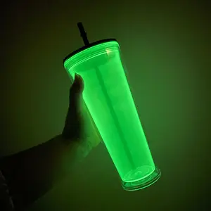 BPA free double walled plastic acrylic pre-drilled glitter flow Floating glow 24oz double walled tumbler with bottom hole