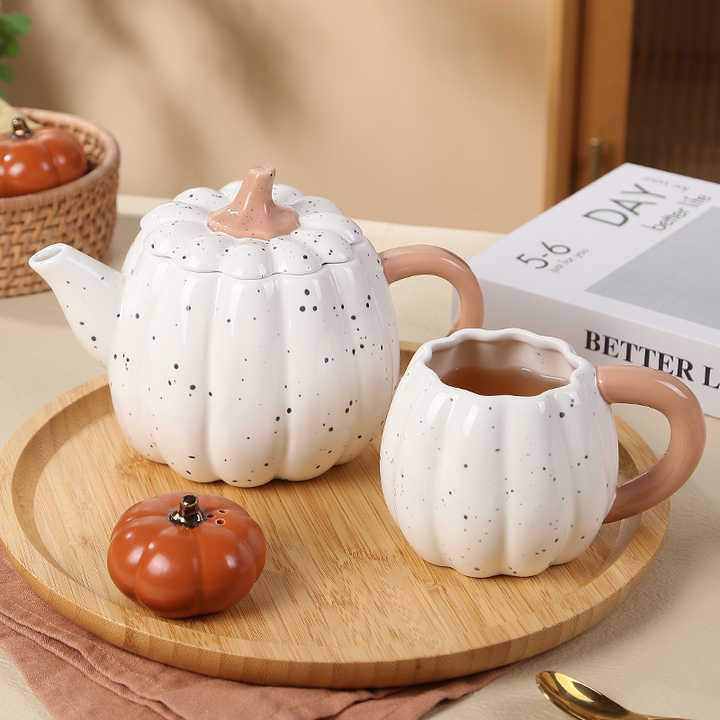 Reactive Personalized Restaurant Home Speckled Glaze Porcelain Mug Pumpkin Shape Tea Pot Set with Cups for Tea