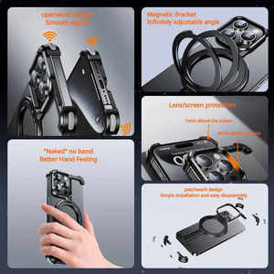 Custodia per <span class=keywords><strong>telefono</strong></span> senza cornice in lega di alluminio per iPhone 17 16 15 14 Pro Max con anello di supporto, <span class=keywords><strong>antiurto</strong></span>, ricarica wireless magnetica - Product Image 4