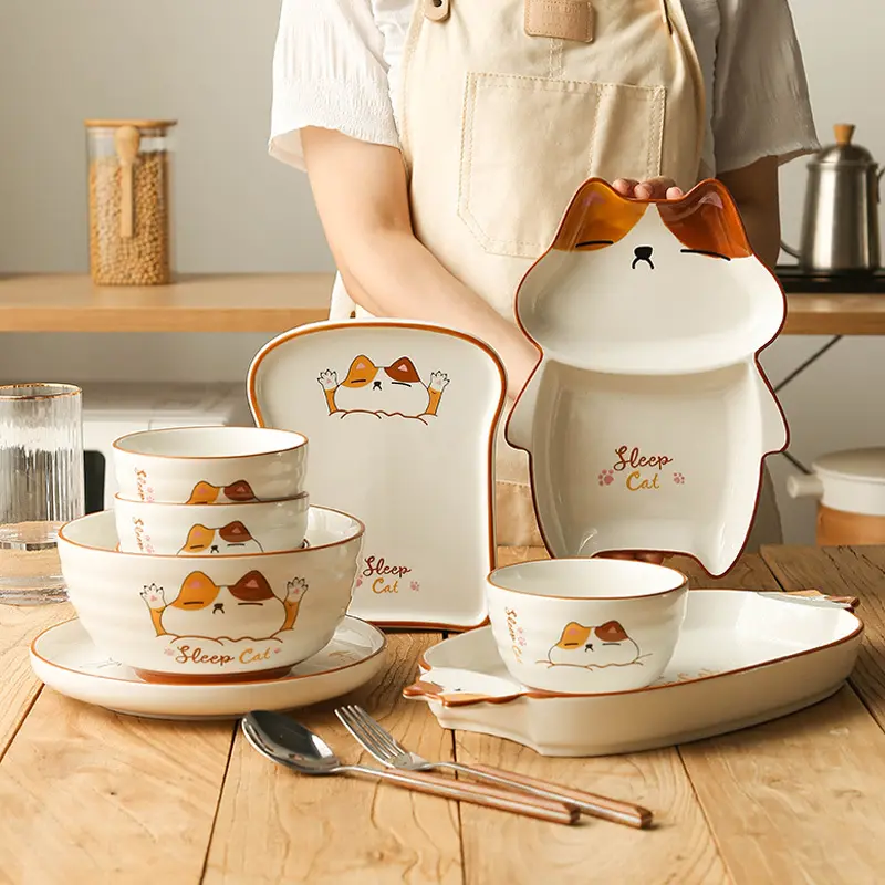 Set di stoviglie per gatti pigri con simpatici cartoni animati in stile giapponese piccole ciotole e piatti freschi ciotole di riso in ceramica ciotole per zuppa piatti