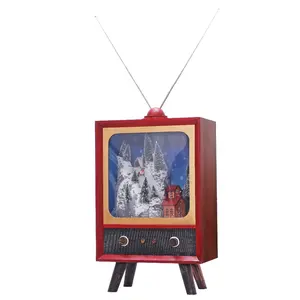 Interior antigo Polyresin Santa esqui tv gabinete decoração de Natal com nevando cena dentro