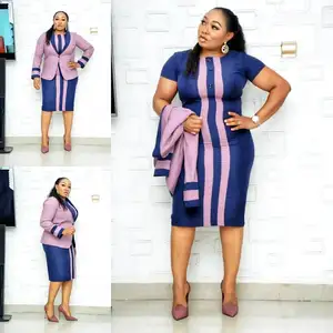 Office ladies plus size African&American button striped blazer coat business suit dress two piece set