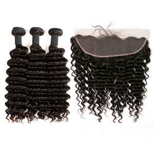 Mechones de pelo indio ondulado con Frontal de Apple girl, cabello humano Remy, 3 mechones con encaje Frontal 13*4, Color Natural para mujeres negras - Product Image 1