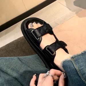 Black Genuine Leather <b>Flat</b> <b>Sandals</b> with Buckle Closure Open Toe Chunky Sole Summer Women Shoes - Product Image 1