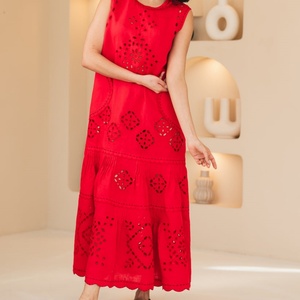 Vestido de Lino y Algodón a la Moda, Cuello Redondo, Casual, Sin Mangas, Bordado, Midi, Vestido de Verano para Mujer - Product Image 4