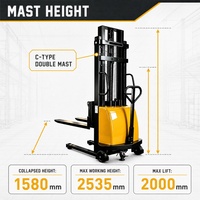 Gerbeur semi-électrique en gros 1000 kg, levée 2000 mm, mât 1580 mm, fourches étroites/larges 1150 mm, hauteur de levée basse 88 mm, batterie 12V 120Ah