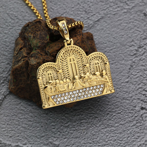 Pendentif couronne à thème yunnique en acier inoxydable, design Dernière Cène avec incrustation de cristaux, pour bijoux fantaisie ou cadeau - Product Image 2