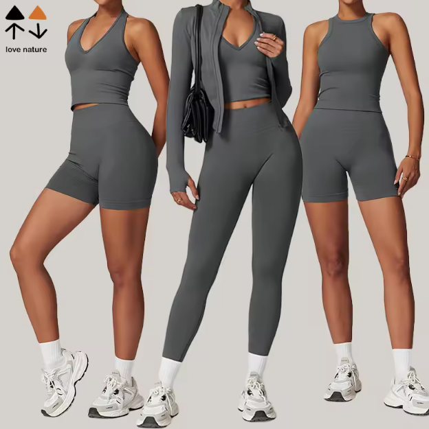 Custom Logo Women's 3-Piece Yoga Set Spandex/Nylon Breathable Quick Dry Lightweight Elastic Waist Stand Neckline Solid Backless