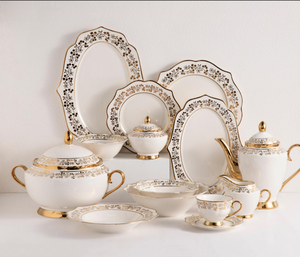 Vajilla y Juego de Té de Porcelana Fina, Color Blanco con Diseño Floral Dorado, Borde Festoneado, Plato, Tazón, Tetera, Regalo para Bodas y Hoteles - Product Image 1
