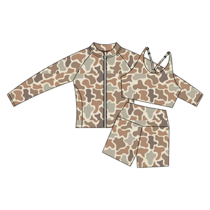 Conjuntos de Yoga de 3 Piezas Personalizables para Niñas, Estampado de Camuflaje, Chaqueta con Cremallera de Manga Larga/Top sin Mangas + Pantalones Cortos, Ropa Deportiva Suave y Transpirable para Niños - Product Image 5
