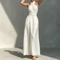 Robe longue d'été 2026 pour femme, sans col, style vintage, taille haute, coupe ajustée, en polyester, couleur unie, avec ceinture et poches