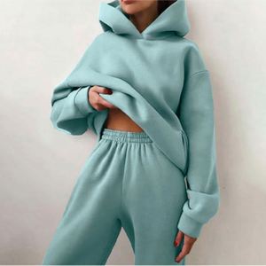 Ensemble de survêtement décontracté 2 pièces pour femme en maille courte, chaud, avec sweat à capuche et pantalon de jogging, idéal printemps, automne, hiver, avec logo frontal - Product Image 2