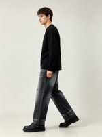 Jean délavé pour homme, coupe droite, effet usé, cinq poches, denim foncé, fabricant OEM personnalisé