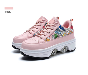 Scarpe da Pattinaggio Personalizzate <span class=keywords><strong>2</strong></span>-<span class=keywords><strong>in</strong></span>-<span class=keywords><strong>1</strong></span> Convertibili <span class=keywords><strong>in</strong></span> Sneakers con 4 Ruote, <span class=keywords><strong>Pattini</strong></span> Quad Rosa Graffiti per Bambini e Adulti - Product Image 4