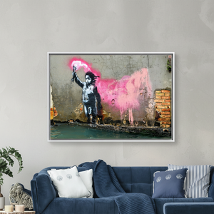 Printed <b>Canvas</b>: Banksy Migrant Child Graffiti Artwork, Modern Home Decor,WHITE <b>FRAMED</b> <b>CANVAS</b> - Product Image 3