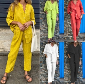 <span class=keywords><strong>Camicia</strong></span> da <span class=keywords><strong>donna</strong></span> in cotone <span class=keywords><strong>e</strong></span> <span class=keywords><strong>lino</strong></span> di grandi dimensioni in 2 pezzi, pantaloni larghi a vita alta, abbigliamento da casa da <span class=keywords><strong>donna</strong></span> - Product Image 1