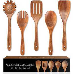 Set di 5 Utensili da Cucina in Legno con Impugnatura Confortevole, Set di Spatole in Teak Naturale Liscio per Cucinare a Casa - Product Image 1