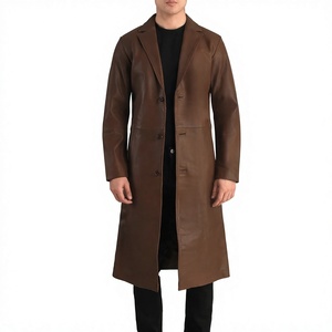 <b>Men's</b> Genuine <b>Leather</b> Eco-Friendly Breathable Waterproof Mandarin Collar Double Breasted <b>Long</b> Winter Overcoat Filled 320g Button - Product Image 3