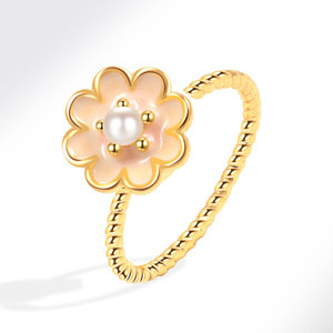 Anillo Ajustable Minimalista de Cobre Chapado en Oro con Perla de Concha y Flor Esmaltada Giratoria, Joyería de Moda para Mujer, Anillo Antiestrés Fidget - Product Image 6