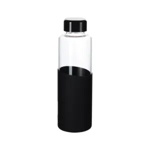 Botella de agua de vidrio de borosilicato de 550ml para exteriores de diseño original con tapa cuadrada y funda de silicona de buen agarre con puntos de guijarros