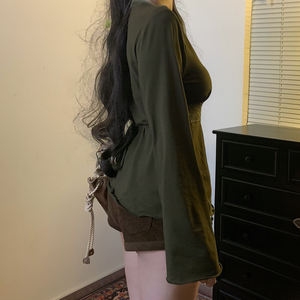 T-shirt à manches longues en dentelle vintage Y2K pour femmes |   Haut décontracté amincissant à taille haute, couleur unie, col en V, écologique et respirant - Product Image 6