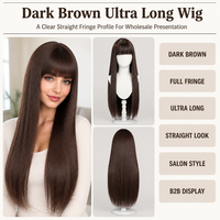 Perruque longue et droite brun foncé avec frange complète, silhouette à franges couleur expresso profond, longueurs lisses et tombantes et raie centrale