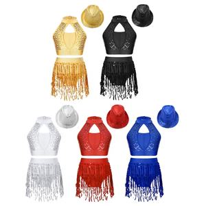 Ensemble haut court et short à franges pour filles de 6 à 16 ans, avec chapeau, pour la danse latine, l'entraînement, la scène, les compétitions, les célébrations, les festivals - Product Image 1