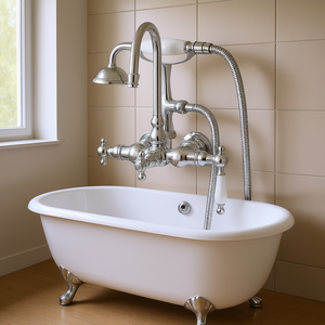 Robinet de baignoire à pattes mural chromé avec douchette à col de cygne de 59 pouces et douchette à main – Ensemble de douche de bain moderne - Product Image 2